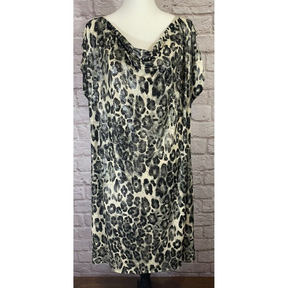 Dressbarn 18 Dress‎ Liquid Knit Animal Print Sparkle Cold Shoulder Dolman 8907